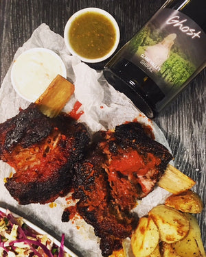 Cold-smoked garlic and chipotle ribs, served with our 2014 Ghost Clare Valley Shiraz