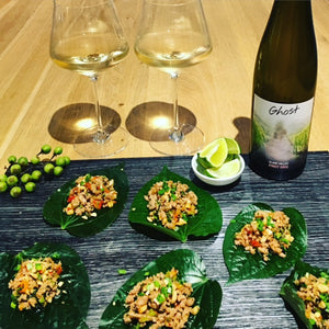 Savoury Pork wrapped in Betel Leaves served with Ghost Wines Clare Valley Pinot Gris